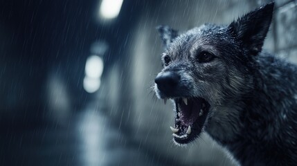 Fototapeta premium Snarling Wolf in Rainy Urban Night