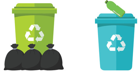 Cartoon Recycling Bins with Garbage Bags and Plastic Bottle Waste Sorting Eco Flat Vector Illustration Isolated