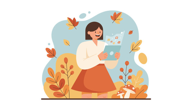 Smiling woman using tablet for social media updates in a beautiful autumn park illustration