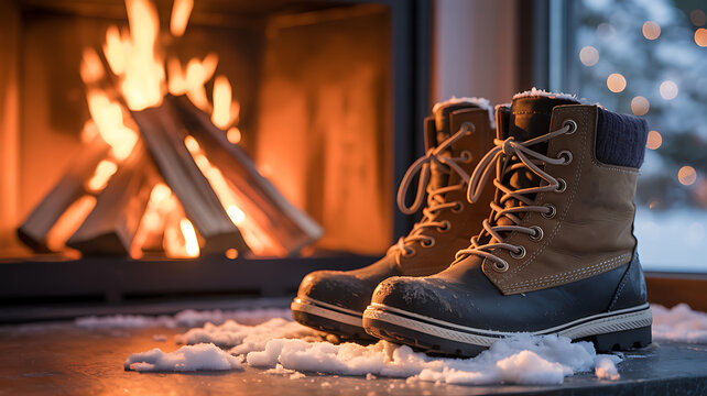 pair of leather hiking winter boots drying on a stone floor near a cozy burning fireplace with a blurred background and warm lighting - Powered by Adobe