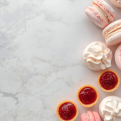 Delightful modern pastel holiday theme dessert spread. Tempting mini cranberry tarts, elegant white pavlova, and delicate pink macarons arranged clean copy space marble surface. Perfect sweet