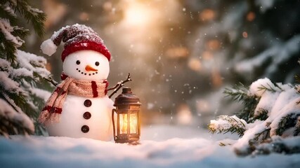 Winter holiday celebration concept. Christmas New Year. snowman with lanterns in snowy forest settingsnowy winter scene with snowcovered pine trees and lanterns. - Powered by Adobe