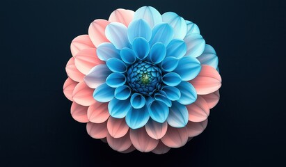 Blue and pink dahlia flower in style of product photography with symmetrical design and minimalistic approach showcasing floral beauty