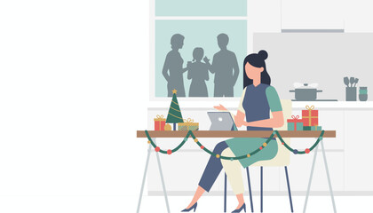 Busy woman works on laptop surrounded by holiday gifts and decorations in the kitchen