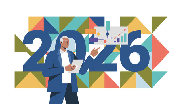 Executive analyzing 2026 business goals and strategy with growth charts and modern geometric design - Powered by Adobe