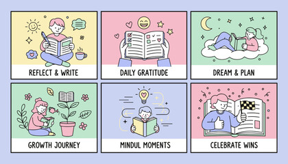 Selfimprovement habits grid reflection gratitude planning growth and celebrating wins illustrations