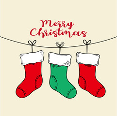 Merry Christmas Hanging Stockings Vector Illustration with Red and Green Socks Holiday Greeting Design
