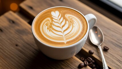 Latte art in white cup with coffee beans and silver spoon on wood table