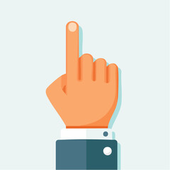 Obraz premium Illustration Of An Orange Skin Hand In A Dark Blue Suit Pointing Upwards With Index Finger Against A Light Blue Background