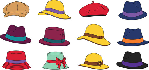 Colorful Flat Vector Collection of Fashion Hats and Headwear Including Berets, Fedora, Bucket Hat, and Sun Hats for Accessory and Style Concepts.