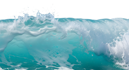 Dynamic turquoise ocean wave cresting and breaking with powerful spray and foam water isolated PNG with Transparent Background