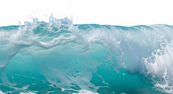 Dynamic turquoise ocean wave cresting and breaking with powerful spray and foam water isolated PNG with Transparent Background