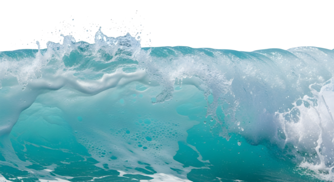 Dynamic turquoise ocean wave cresting and breaking with powerful spray and foam water isolated PNG with Transparent Background