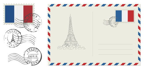 Postage stamp France. Rubber postal stamp France. Vintage illustration in grunge style.