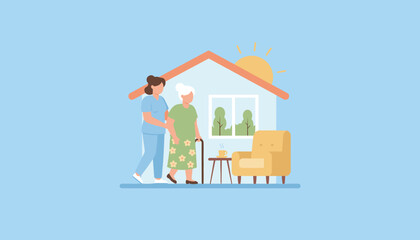 Professional caregiver assists elderly woman walking at home Home health and senior support concept