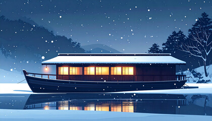 Traditional Japanese Houseboat in Winter Snow