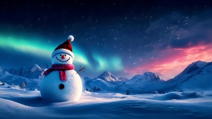 Winter holiday celebration concept. Christmas New Year. A vivid winter landscape with a snowman and the aurora borealis. The snowman is adorned with a festive hat and scarf. - Powered by Adobe