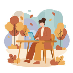Woman uses laptop at an outdoor table in an autumn park Remote work and digital nomad concept