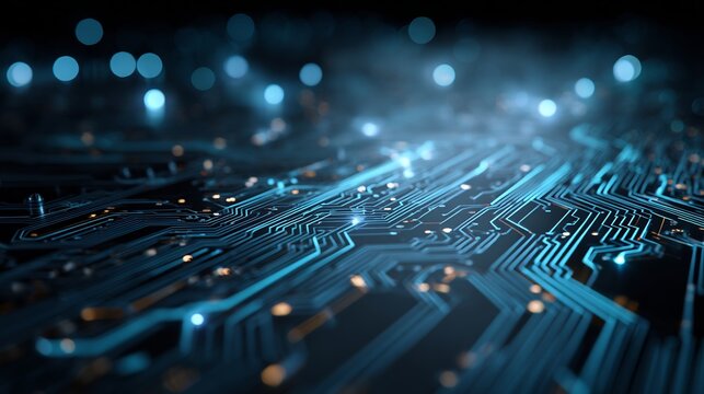 Detailed close up of a blue circuit board with glowing lights in the background and foreground