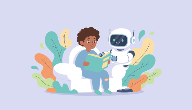 Illustration of a happy child reading a book with a friendly educational robot helper