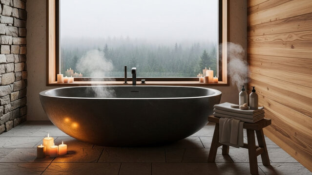 Steaming deep soaking tub in a luxurious modern rustic bathroom with warm candlelight and a misty forest view, isolated on transparent background.