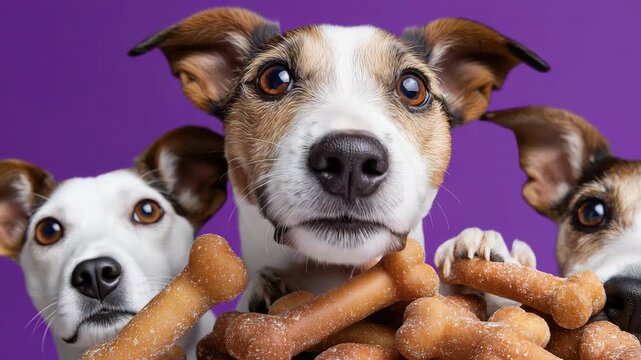 Curious dogs anticipating treats against purple background