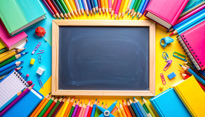 School Supplies Border with Blank Chalkboard