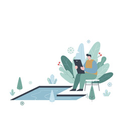 Stylized illustration Man seated by a pool working on a tablet amidst winter foliage and snowflakes