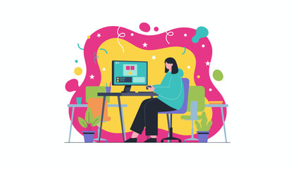 Woman enjoying PC gaming or creative work in a vibrant colorful workspace Vector illustration