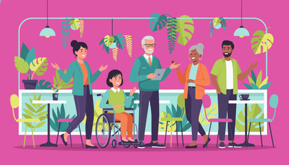 Fototapeta premium Diverse group meeting happily in a bright cafe with houseplants