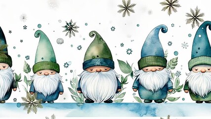 Animated watercolor illustration of cute Christmas gnomes. Festive Scandinavian characters with falling snowflakes. Winter holiday greeting card concept with copy space - Powered by Adobe