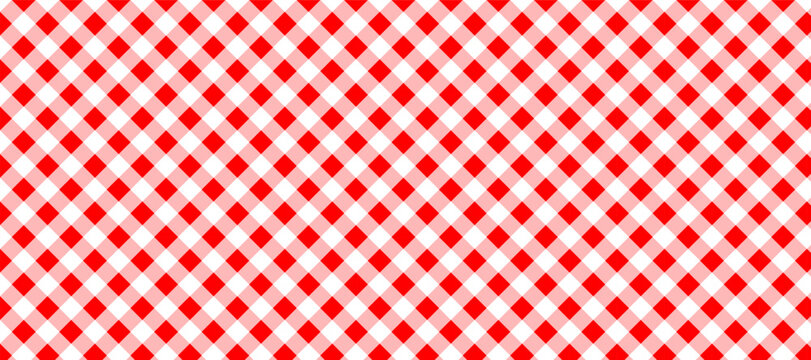 Seamless diagonal red and white checkered pattern. Classic texture of picnic tablecloth, Italian pizza cloth, retro basket napkin, vintage textile, wrapping paper, and vector background