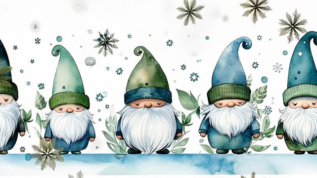 Animated watercolor illustration of cute Christmas gnomes. Festive Scandinavian characters with falling snowflakes. Winter holiday greeting card concept with copy space