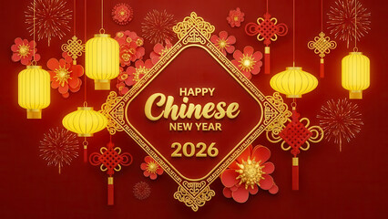 Happy chinese new year 2026 greeting card design with traditional red background, golden lanterns, festive ornament, and floral decoration for celebration