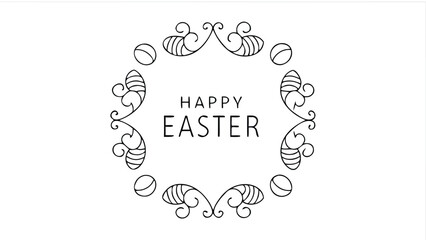 Elegant black line art frame with happy easter text and decorative elements like eggs and swirls on a white background