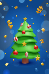 Festive Christmas tree decorated with glossy ornaments, golden stars, baubles, and confetti on a blue background. A cheerful winter atmosphere perfect for posters, cards, banners, seasonal designs.