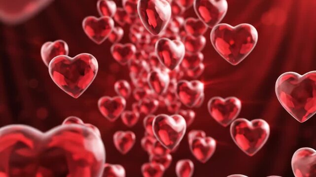 Abstract 3d rendering of many glowing red ruby hearts floating upwards against a dark red background with light rays