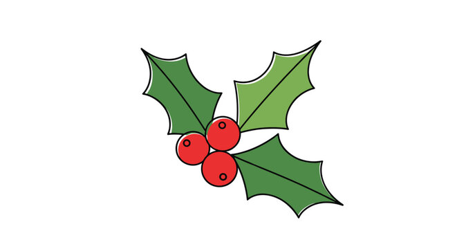 A festive illustration of a holly sprig, featuring three vibrant green leaves and three bright red berries, perfect for holiday season designs.