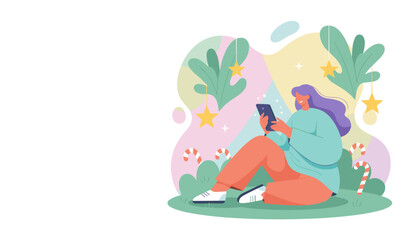 A smiling woman uses her phone in a whimsical holiday setting perfect for online shopping or digital greeting