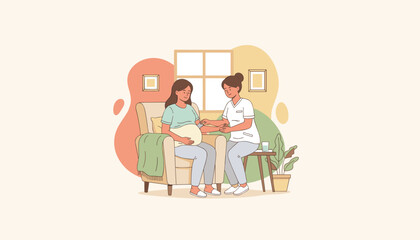 Healthcare professional provides prenatal checkup for pregnant woman sitting in chair