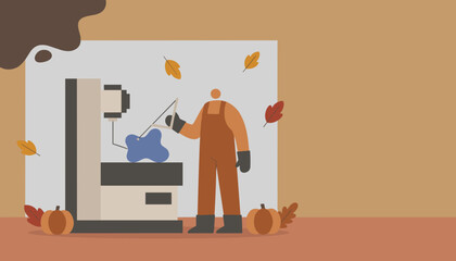 Manufacturing worker operates machinery in an autumn setting with pumpkins and falling leaves