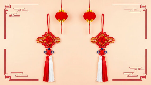 Two traditional chinese decorative knots and small lanterns hanging against a light beige background, symbolizing good fortune and celebration for the new year or festival