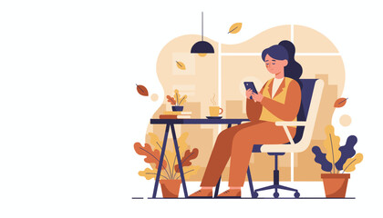 Businesswoman using smartphone at cozy office desk during autumn