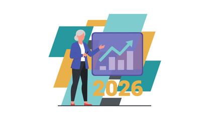 Business professional presenting 2026 growth forecast using a rising chart illustration