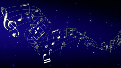 silver metal 3d musical notes and shiny glitter particles , music notas on blue song play and concert social media background	