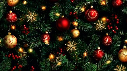 Winter holiday celebration concept. Christmas New Year. A closeup view of a Christmas tree adorned with red and gold ornaments and lights. The trees branches are densely packed with pine needles. - Powered by Adobe
