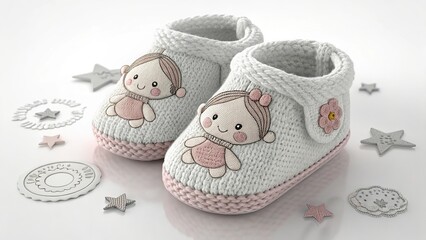 Hand knit woolen baby shoes decorated with cute details showcasing warm texture and cozy delicate craftsmanship.