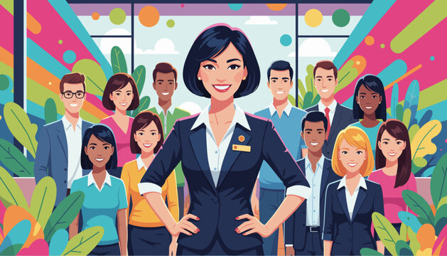 Confident female leader heads a diverse smiling professional team in a vibrant colorful office setting