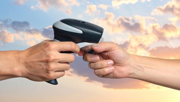 Handing over a barcode scanner against a sky background. - Powered by Adobe