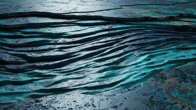 Abstract closeup of layered, textured surface with deep blue and turquoise rippling water effect, dark moody background 4k video